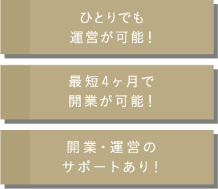 ひとりでも運営が可能！ 最短4ヶ月で開業が可能！ 開業・運営のサポートあり！